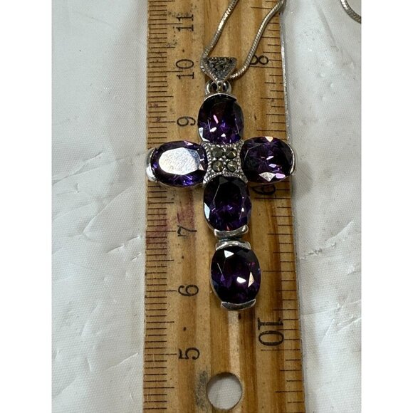 10 carat Amethyst Cross Pendant Marcasite sterling silver vintage rare - Picture 8 of 16